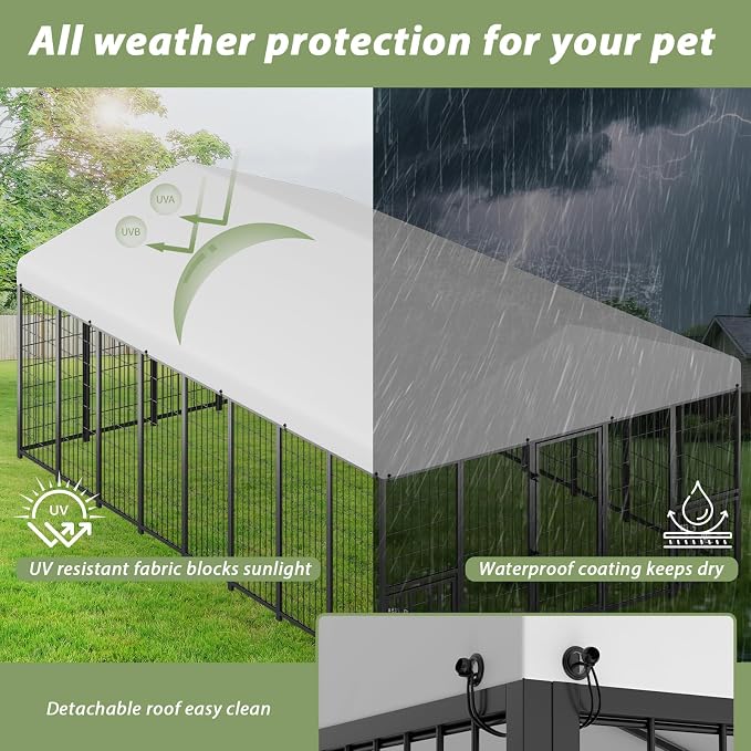 LOVMOR 16' x 10' Outdoor Dog Kennel with Roof for Large Dogs | Heavy duty steel frame, waterproof canopy, double latch door, adjustable feeding bowls for yards and patios