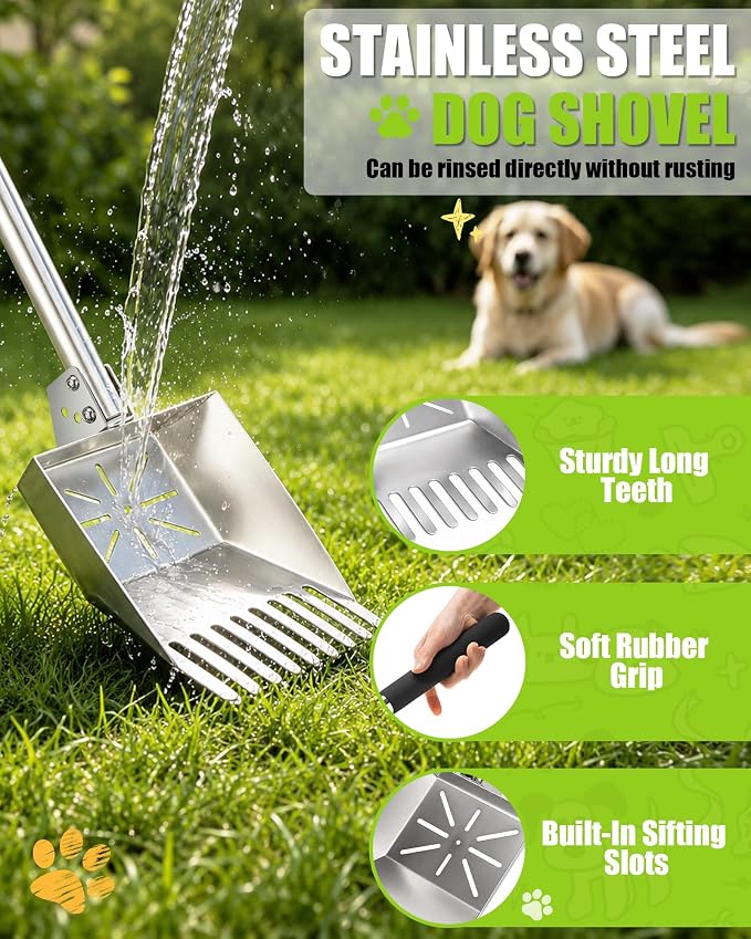 71" Stainless Steel Pooper Scooper, 3-Adjustable Angle Dog Shovel & Rake | Heavy Duty Metal Poop Scoop for Large Dogs with Adjustable Long Handle Outdoor Yard Pet Waste Removal Shovel