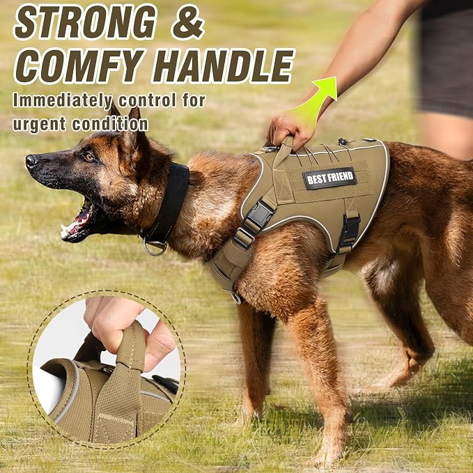 Tactical Dog Harness Small Sized Dog,No Pull Military Dog Vest with Handle,Reflective Heavy Duty Pet Harness for Walking Hiking Training Brown S