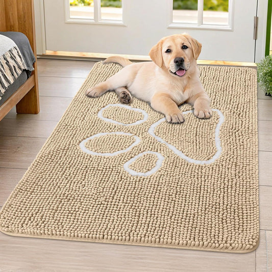 Smiry Dog Door Mat for Muddy Paws, Absorbent Dirt Trapper Non Slip Quick Dry Washable Chenille Mat for Mud Dogs, Entry Rug for Indoor and Outdoor (40x32 Inches, Beige)