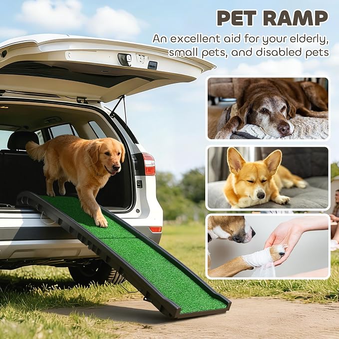 PawHut Folding Dog Ramp, 61 Inches Portable Pet Ramp with Grass Surface | for Car, Truck, SUV, Non Slip with Raised Side Rails