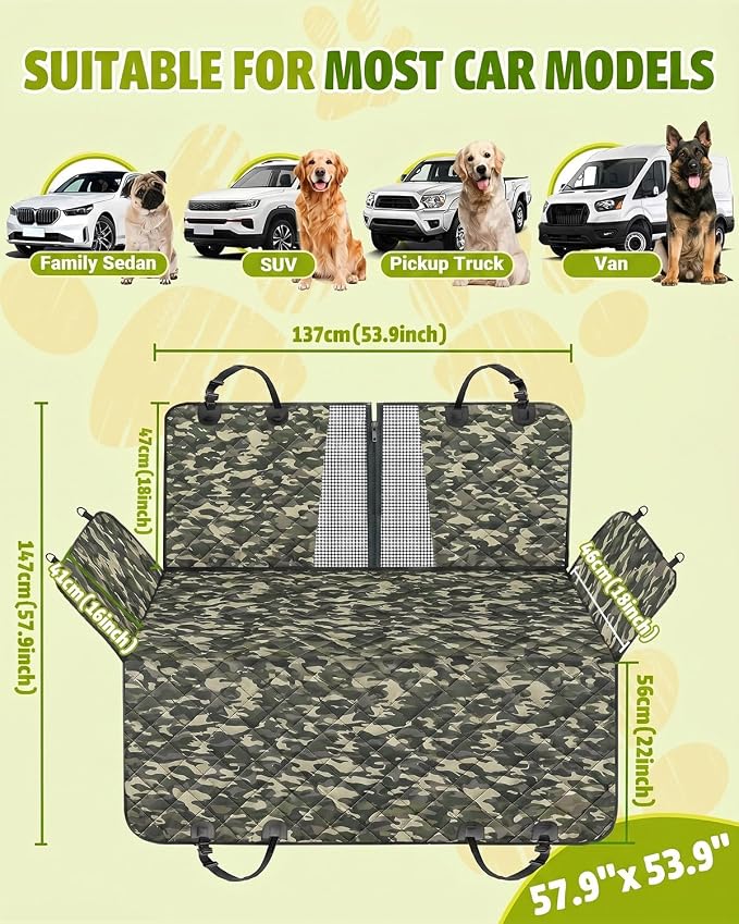 Dog Car Seat Cover, 600D Heavy Dute Car Seat Cover for Dogs Pets, 100% Waterproof Anti-Scratch Nonslip Dog Hammock for Cars, Seat Covers Protector with SeatBelt for Sedan SUV Truck Standard Camo