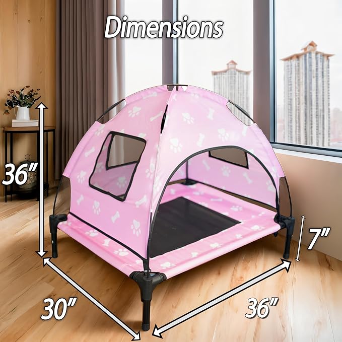 Elevated Covered Dog Bed - 36" x 36" x 30" - Dog Shade Canopy Lounger for Small & Large Dogs (Up to 110 lbs) - Portable & Durable - Cooling, UV & Water Resistant with Mesh Windows - Pastel Pink