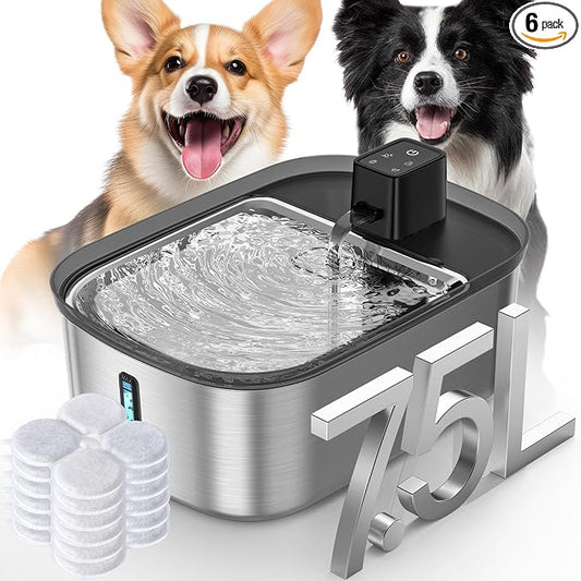 Wireless 7.5L/2Gal Dog Water Fountain Stainless Steel with 6 Pcs Filters | Quiet Pet & Cat Water Fountain with Motion Sensor,Automatic Water Dispenser for Dogs&Multi-Pet Homes Continuous Fresh Flow