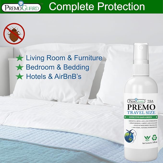 Premo Guard Travel Bed Bug, Mite & Lice Spray 3 oz - TSA Carryon Approved - Natural Stain & Odor Free - Public Transportation, Accommodations & Luggage - Chid & Pet Safe (3 Pack)
