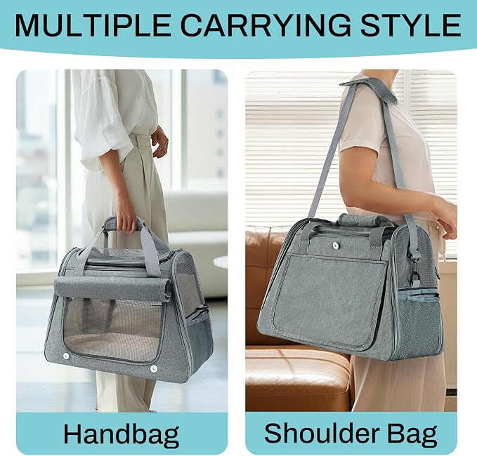 Airline Approved Soft-Sided Pet Carrier for Cats & Small Dogs - Ventilated Travel Bag with Removable Mat, Under 15 lbs, Grey