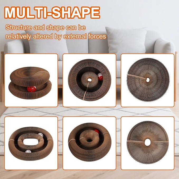 Magic Organ Cat Scratching Board with Bell-Ball, Durable Foldable & Reversible Infinity Style Interactive Kitty Kurlz Cat Scratcher for Indoor Cats Toy, Furniture Protector, Kitten Cats Accordion Toy