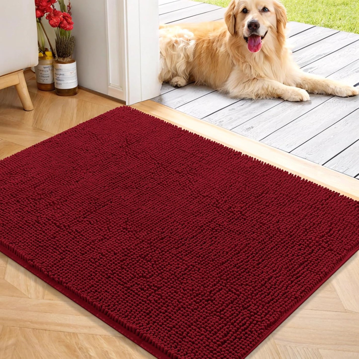 OLANLY Dog Door Mat for Muddy Paws 40x32, Absorbs Moisture and Dirt, Absorbent Non-Slip Washable Doormat, Quick Dry Chenille Mud Mat for Dogs, Entry Indoor Entryway Carpet for Inside Floor, Red