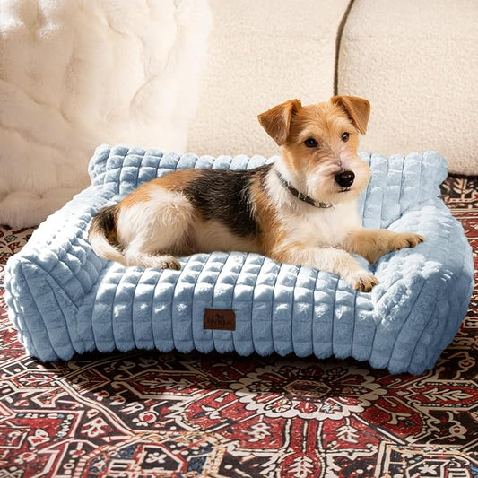 Dog Bed for Small Medium Dogs/Cats, Orthpedic Dog Beds Supportive Cat Couch with Faux Rabbit Fur and Removable Cover, Washable Pet Sofa Bed, 30 Inch, Light Blue