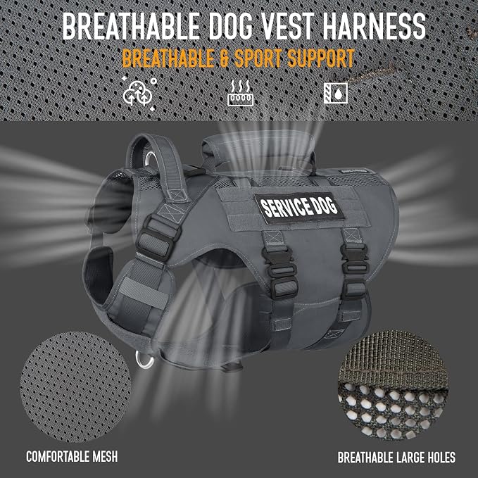Service Dog Vest for Large Dogs, Grey Tactical Harness with Military MOLLE, Breathable Mesh & 39g Metal Buckle - Size XL for Training & Hiking