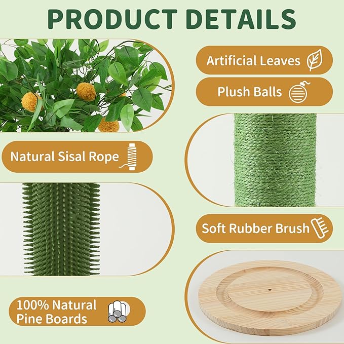Cat Scratching Post, 46 Inch Tall Cat Scratcher Tree for Indoor Cats Adults with Natural Sisal Rope, Large Scratching Posts with Rubber Brush, 3-Layer Solid Wood Base and Balls Track Toy