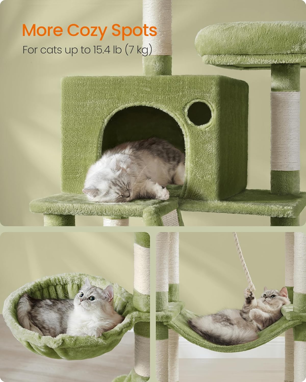Feandrea Cat Tree, 81.1-Inch Large Cat Tower with 13 Scratching Posts, 2 Perches, 2 Caves, Basket, Hammock, Pompoms, Multi-Level Plush Cat Condo for Indoor Cats, Green UPCT190C01