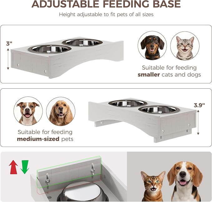 FIMELLO Dog Feeding Station with Storage, Dog Food Cabinet with 2 Hidden Feeding Bowls, Flip-Top Pet Storage Cabinet, Pet Food Holder, White Grain