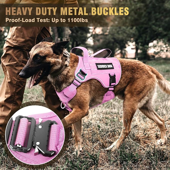 2X Metal Buckle Service Working MOLLE Dog Vest with 10 Pet Patches | Tactical Dog Harness for Medium Dog, No-pull Military Working Vest for Training Hunting Walking，2x D Rings for Leash Clip