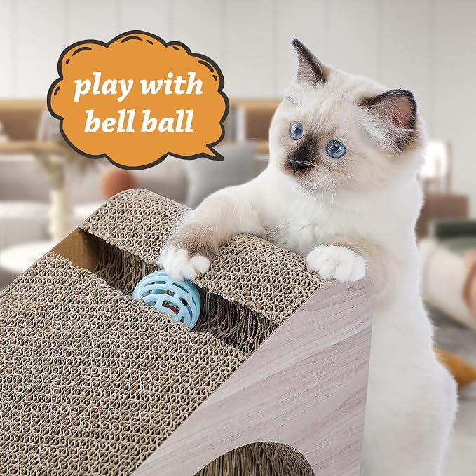 PAWZ Road 28.3" Cardboard Cat Scratcher Triangle 2 in 1 Cat Scratching Ramp | Incline Cat Scratching Pad,Cardboard Scratching Post Double as Cat Tunnel Scratcher with Interactive Toy Balls for Indoor Cat