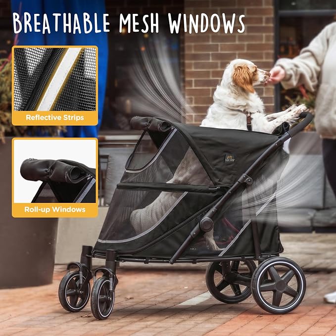 CANINE CANYON Denver Dog Stroller for Large & Medium Dogs- Easy Fold All-Terrain Pet Stroller for 2 Dogs with Dual Entry, One-Foot Brake, Sunroof & Breathable Windows, Up to 130 lbs, Black