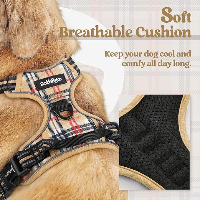 rabbitgoo Dog Harness, No Pull for Small Dogs with 2 Leash Clips, Pet Vest | No Choke with Handle, Adjustable Soft Padded, Reflective, Easy Control for Walking, Beige Plaid, Small