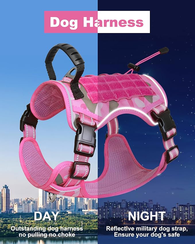 Tactical Dog Harness No Pull,Service Dog Vest with Handle,Pink Camo,L | Adjustable Military,Reflective ＆ Molle Loop Panels, for Medium Large Size Dogs for Training Walking Running