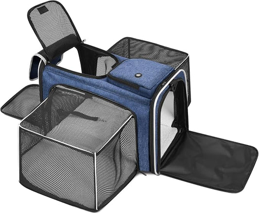 Pet Carrier, Large Soft Sided Expandable Travel Carrier with Steel Frame, Anti-Scratch Mesh, Removable Fleece Pad and Pockets for Cats, Dogs and Small Animals up to 15 lbs (Blue, 4 Sides Expandable)