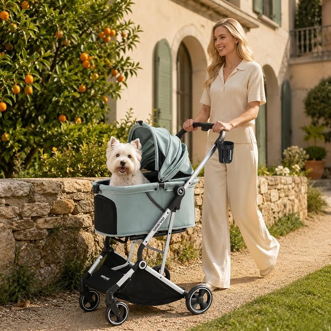Pet Stroller Dog Cat Stroller for Small Medium Dogs Cats, 4 Wheels Travel Folding Carrier Waterproof Puppy Stroller with Pad, Canopy and Cup Holder, Green