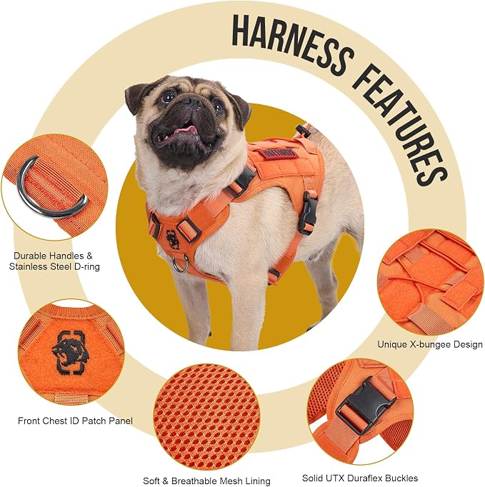 OneTigris Tactical Dog Harness No-Pull Service Vest for Small Medium Dogs | 1000D Pullable Nylon, with Control Handle and Hook & Loop Panels, Easy On & Off, Adjustable for Walking Training Orange M