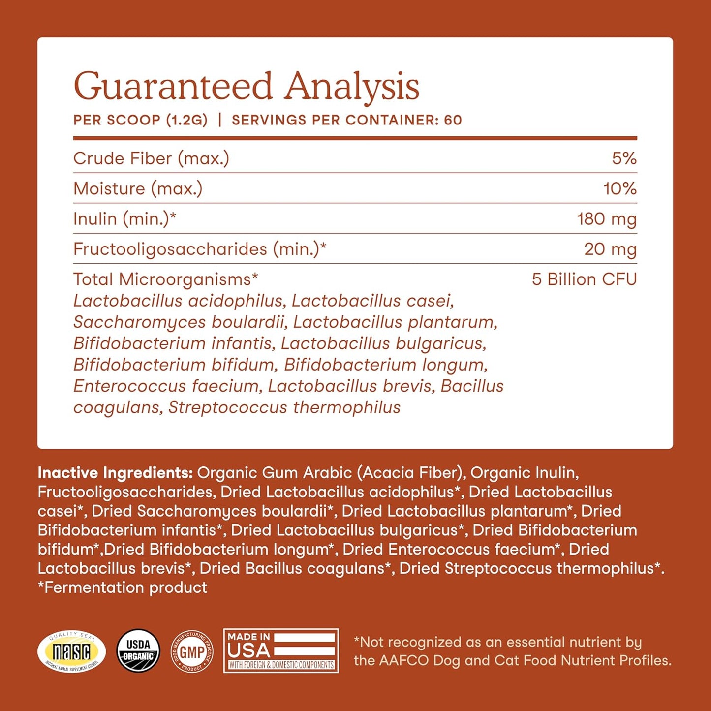 Fera Pets Probiotics for Dogs & Cats with Prebiotics - USDA Organic - Gut Health Powder Supplement with 12 Strains and 5 Billion CFUs - Supports Immunity, Energy and Skin & Coat - 60 Scoops