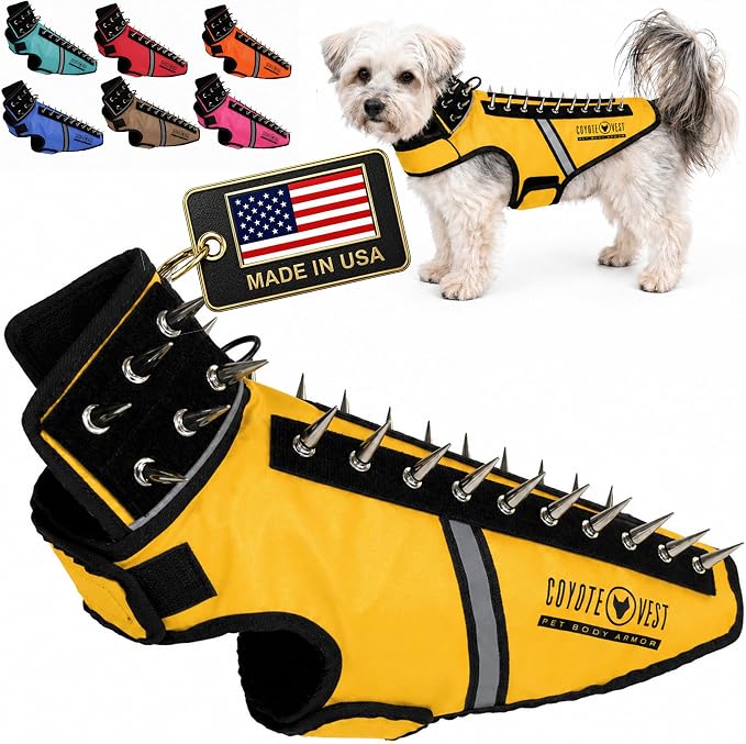 CoyoteVest SpikeVest Dog Harness, Made in the USA, S-Yellow | Stab-Resistant Protective Vest | Coyote Vest for Dogs | Defends Against Coyotes, Dogs, Birds of Prey | Reflective Safety