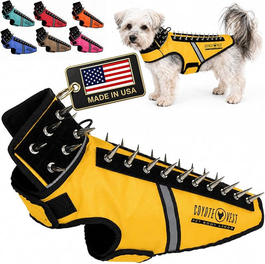 CoyoteVest SpikeVest Dog Harness, Made in the USA, S-Yellow | Stab-Resistant Protective Vest | Coyote Vest for Dogs | Defends Against Coyotes, Dogs, Birds of Prey | Reflective Safety