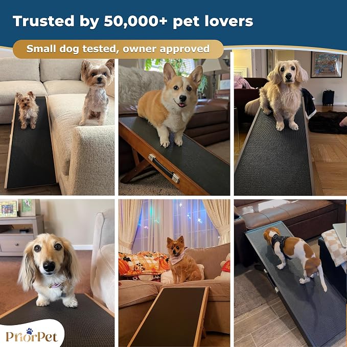 Dog Ramp for Couch – Non-Slip, Sturdy Build Foldable Wooden Dog Ramp – Supports up to 200 lbs – 7 Adjustable Heights (14"–20.5") – Enhanced Stability – Birchwood Pet Ramp for Small Dogs – White