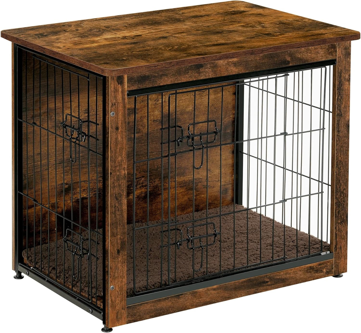 DWANTON Dog Crate Furniture with Cushion, Wooden Kennel Table with Double Doors, Indoor Dog House, Small/Medium/Large/Extra Large Size, 27.2" L, Rustic Brown