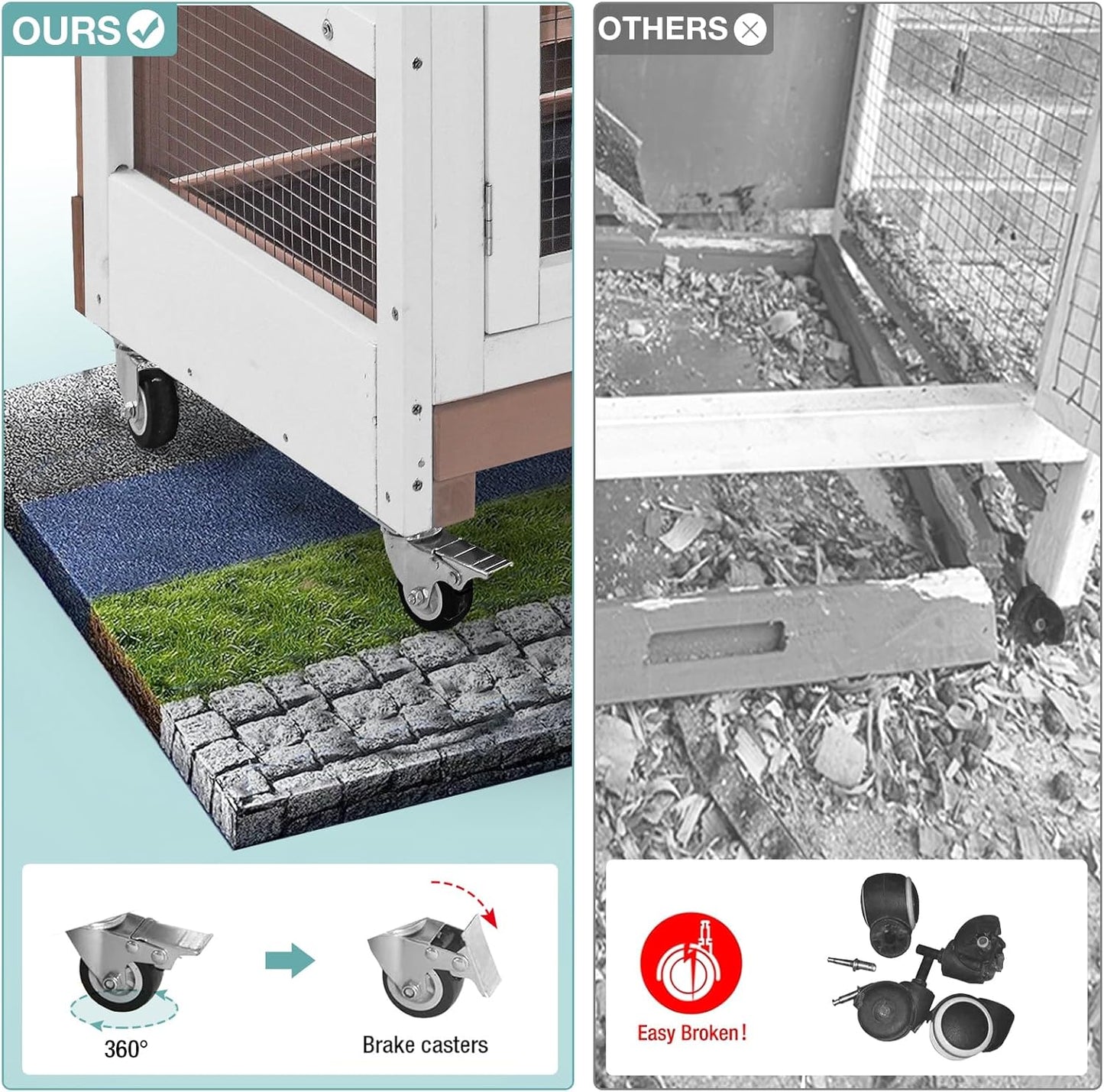 Rabbit Hutch Indoor Bunny House Guinea Pig Cage with Sliding Plastic Trays, Wheels & Ramp, 47.2" Multi-Door Wooden Small Animal Cage for Rabbits, Bunnies, and Guinea Pigs (Brown)