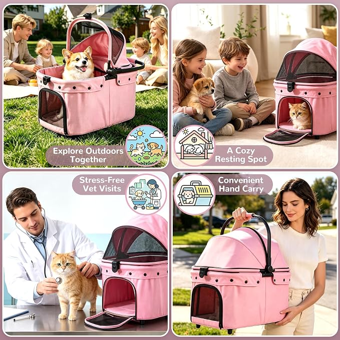 Dog Stroller for Small to Medium Dogs with Detachable Carrier, Pink | 3-in-1 Pet Stroller, Dual-layer UV-Resistant Waterproof Canopy with Breathable Mesh, All-Terrain PU Wheels with Suspension