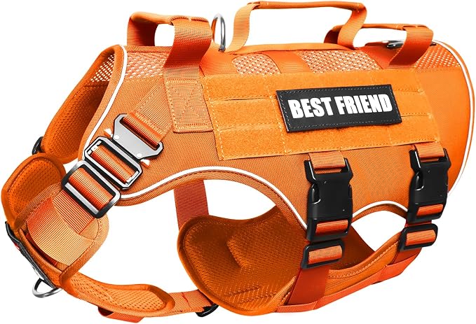 Air Mesh Tactical Dog Harness with Metal Buckles&MOLLE,Orange XL | Breathable Adjustable No Pull Service Dog Vest with 3 Padded Handles,Military Dog Harness for Training Hiking Hunting Working