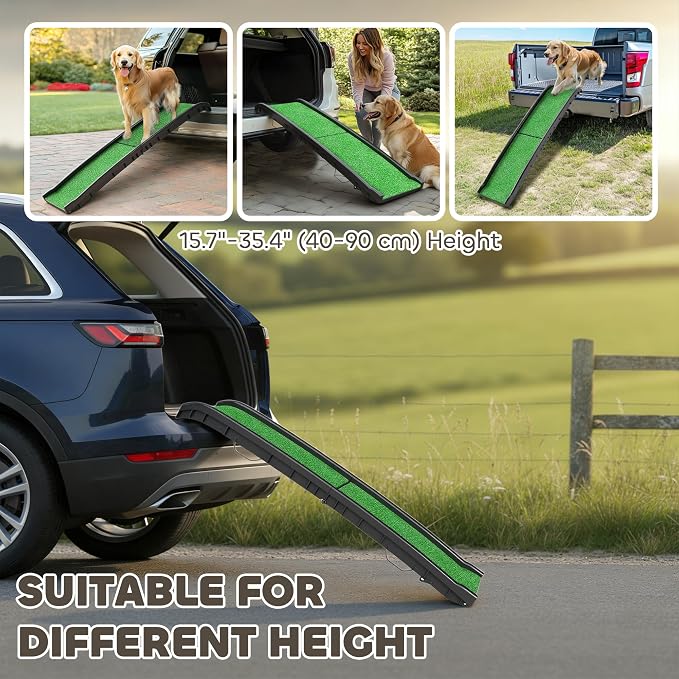 PawHut Folding Dog Ramp, 61 Inches Portable Pet Ramp with Grass Surface | for Car, Truck, SUV, Non Slip with Raised Side Rails