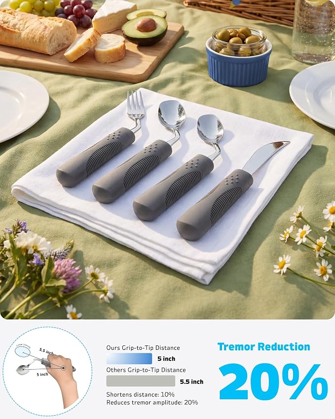 Adaptive Utensils 4-Piece Set | Weighted Silverware for Hand Tremors & Parkinson's | 42° Angled Rocker Knife & Shovel Spoon | 140g Weighted Utensils for Arthritis, Elderly (Grey,