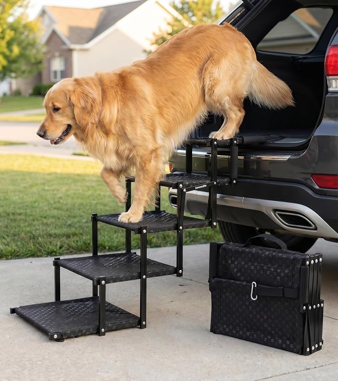 Dog Stairs for Car - Foldable Dog Steps for Large Dogs with Non-Slip Surface & Extra Wide Design, Pet Ramp for SUVs & Trucks, Portable Metal Frame Supports Up to 250 lbs (5 Steps)