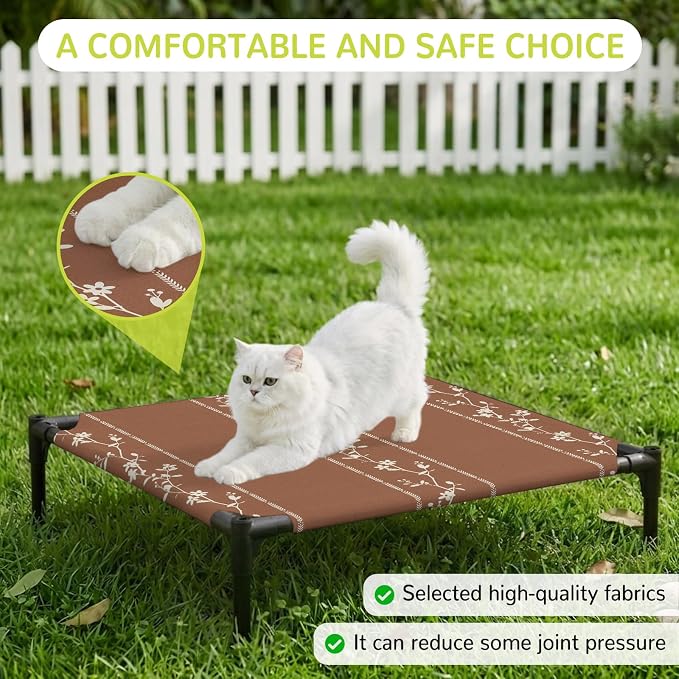 Outdoor Elevated Dog Bed for Small Dogs, Brown Flowers Branch Breathable Cooling Raised Dog Cot for Indoor/Outdoor, Spring Summer Farmhouse Botanical Waterproof Elevated Pet Beds, S 20 x 20 in