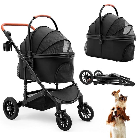 Bicystar Dog Stroller with Detachable Carrier, Rubber Wheels, 50 lbs, Black | 3-in-1 stroller and car seat, real solid rubber wheels, fits 2 small or 1 medium pet, foldable frame