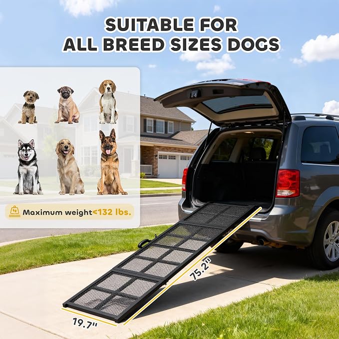 PawHut Dog Ramp for Car 75" x 20" Large Folding Pet Ramp for Large Dogs | Non-Slip Surface, Extra Long Wide, Portable Pet Stairs, SUVs Trucks Beds