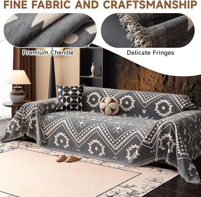 VClife Bohemian Aztec Couch Cover Sectional Sofa Slipcover Washable Chenille Couch Cover for 3 Cushion Couch Sofa - Gray White Tribal Geometric Pattern Furniture Protector with Tassel Edge 71" X 134"
