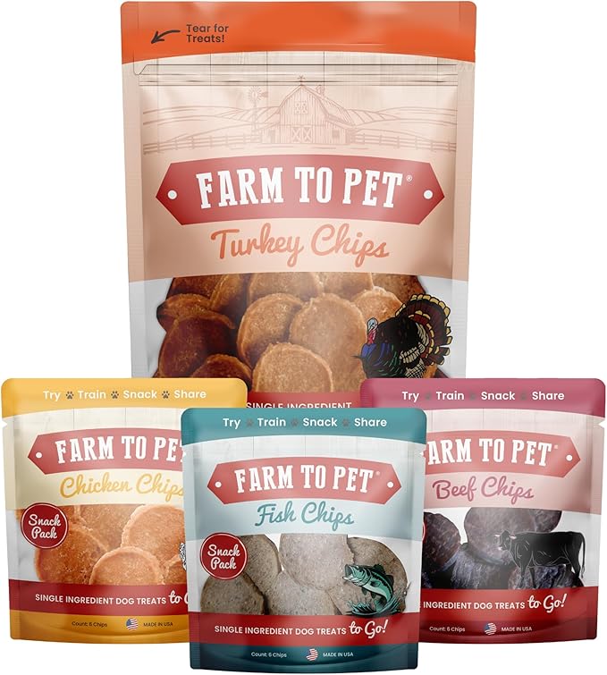 Farm To Pet - Puppy Packs 'N Snacks Dog Treat Starter Pack - Turkey 4oz + 1 Chicken & 1 Beef & 1 Fish Snack Pack - Single Ingredient Training Treats, All Natural, Lean for Small, Medium, Large Breeds