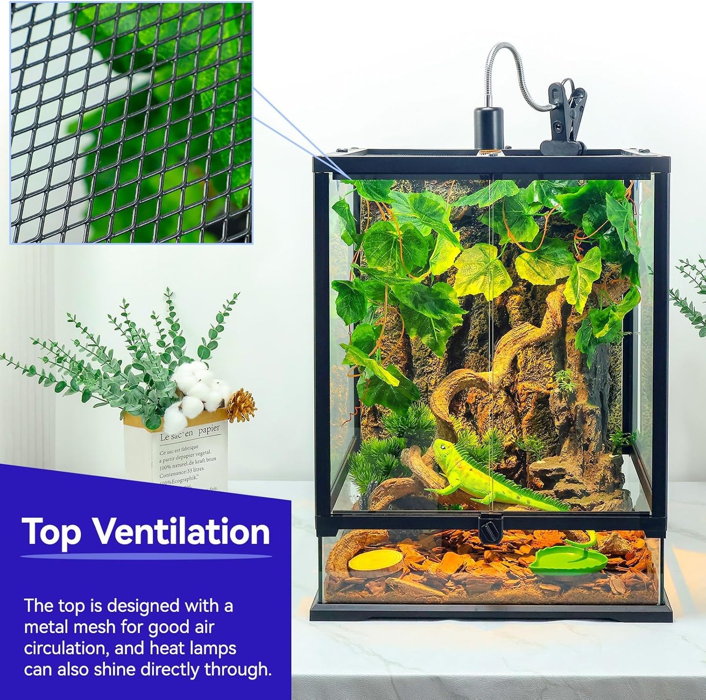 360° Clear View 12 Gallon 18x12.6x12.6 Glass Reptile Terrarium Suitable for Bearded Dragon, Chameleon, Crested Gecko, Multi-Pet Enclosure with Front Door, Excellent Ventilation, Hidden Wiring Holes