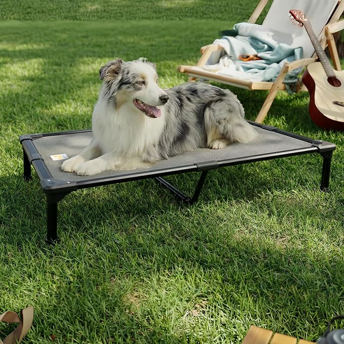 42'' Indestructible Outdoor Elevated Dog Bed for Large Dogs, Chew-Proof Pet Camping Raised Cot with Breathable Mesh - Durable Frame, Cooling Hammock Bed, Non-Slip Feet, Waterproof, Easy Clean
