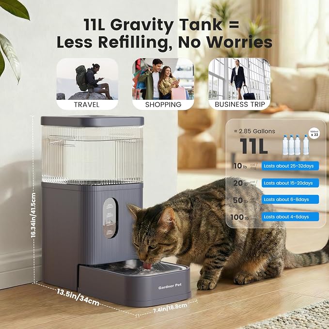 2.9 Gallon Automatic Dog Water Dispenser with Stainless Steel Bowl | BPA-Free, 11L Large Capacity, Stainless Steel Bowl, Maifan Stone Filter, Gravity Auto-Fill, Safe for Cats & Dogs