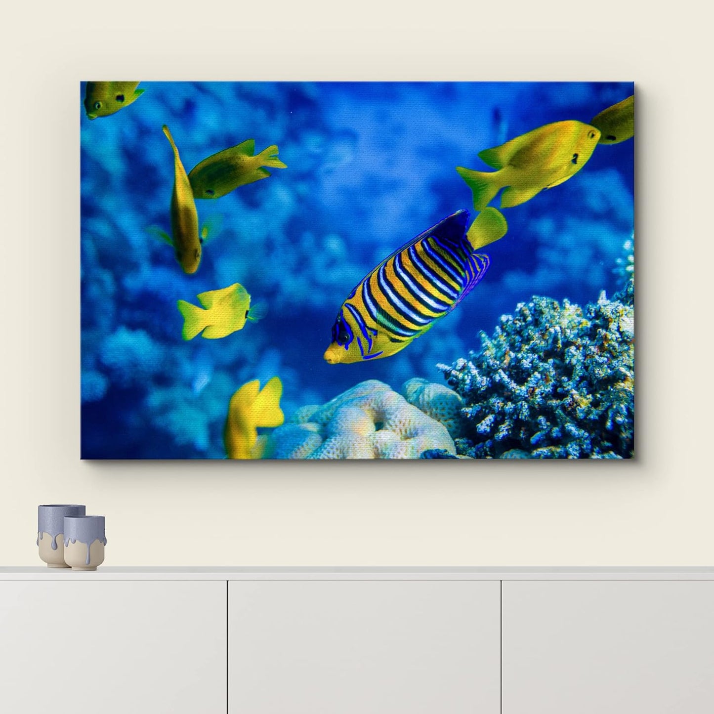 wall26 Canvas Print Wall Art Striped Yellow Tropical Fish Coral Reef Sea Nature Animals Photography Realism Rustic Scenic Landscape Wilderness Colorful for Living Room, Bedroom, Office - 16"x24"