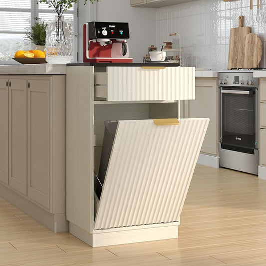 10-Gallon Single Tilt Out Trash Can Cabinet with Drawer,Kitchen Trash Can Cabinet Garbage Recycling Cabinet Wooden Dog-Proof Trash Cabinet for Dining Room and Kitchen,Laundry Room