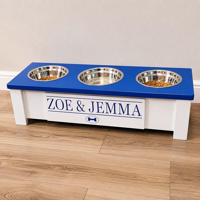 3 Bowl Dog Feeding Station, Personalized Triple Bowl Food Stand Small Dogs | Farmhouse Style, Elevated Wood Stand, Storage Container, Stainless Steel Bowls, Raised Feeder, Small Breed, Made in USA