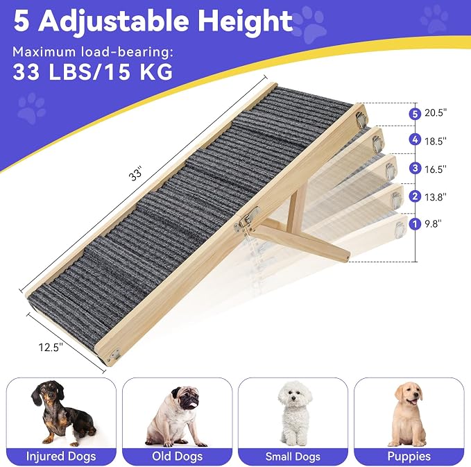 2026 Upgraded Dog Ramp for Couch, Foldable Small Dog Ramp for Sofa, 5 Adjustable Height from 9.8" to 20.5", Portable Stable Pet Steps with Non-Slip Pad, Pet Ramps Use for Sofa Couch Stairs