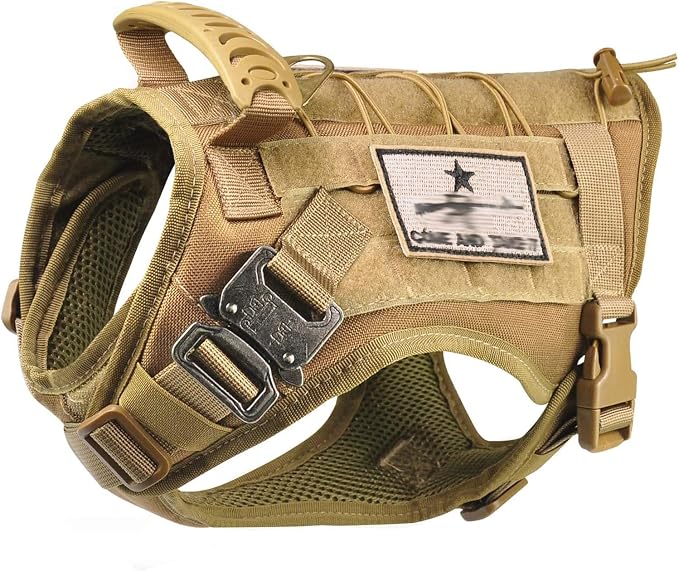 Tactical Service Dog Vest Harness K9 Military Molle Dog Vest for Outdoor Training Pet Harness with Rubber Handle & Metal Buckle (XL=(Neck 21.5"-24.5")(Chest 28.4"-30"), Khaki)
