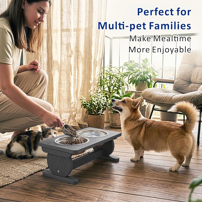 Raised Dog Bowl Stand for Small Sized Breed, Feeding Station with 21 oz 2 Stainless Steel Bowls & Licking Plate,Dog Food Bowl Gray